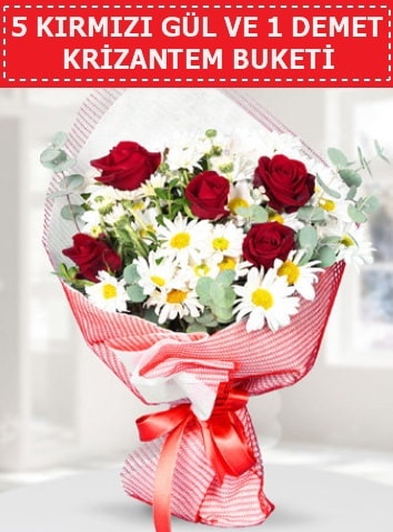 5 adet kırmızı gül ve krizantem buketi  Bingöl Gölüm Çiçek çiçek satışı 